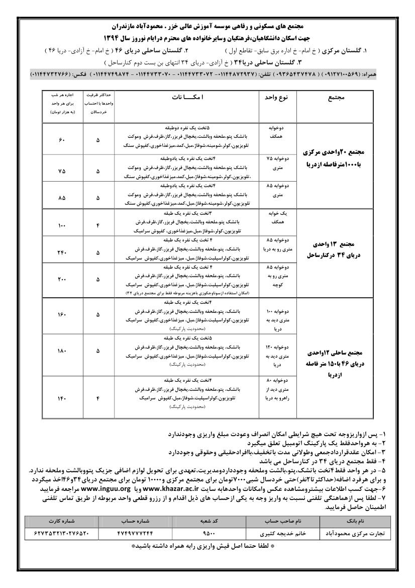 khazar-refahi اسکان نوروز ۹۴ محمود آباد مازندران موسسه آموزش عالی خزر